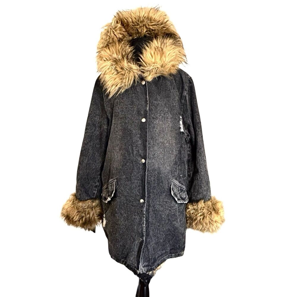 Y2K Fur Trim Penny Lane Hooded Coat Jacket Black Wash Distressed Denim Womens L - Picture 2 of 14